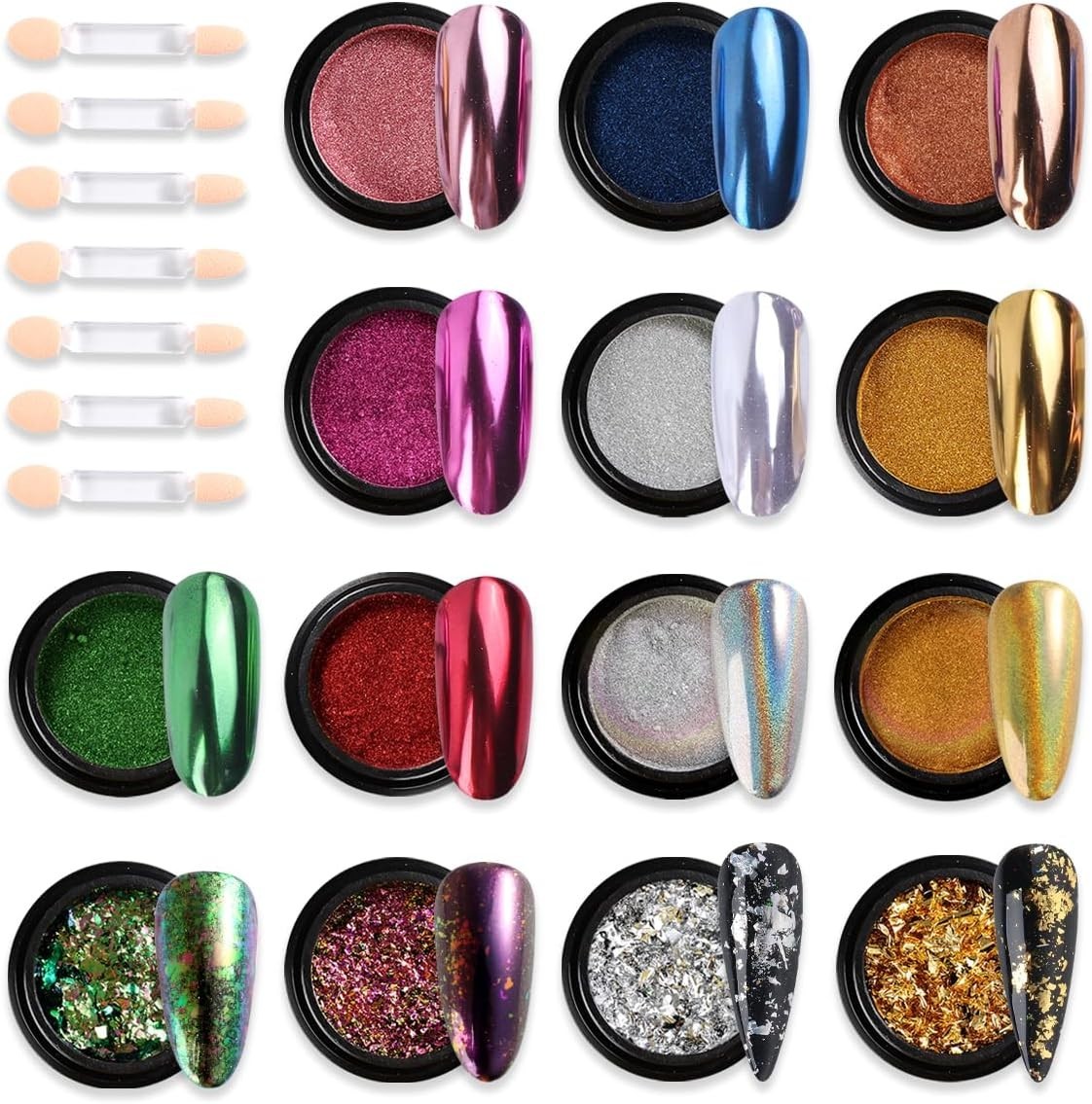 Set de Polvo Cromado para Uñas 14 Colores Efecto Metalizado y Holográfico