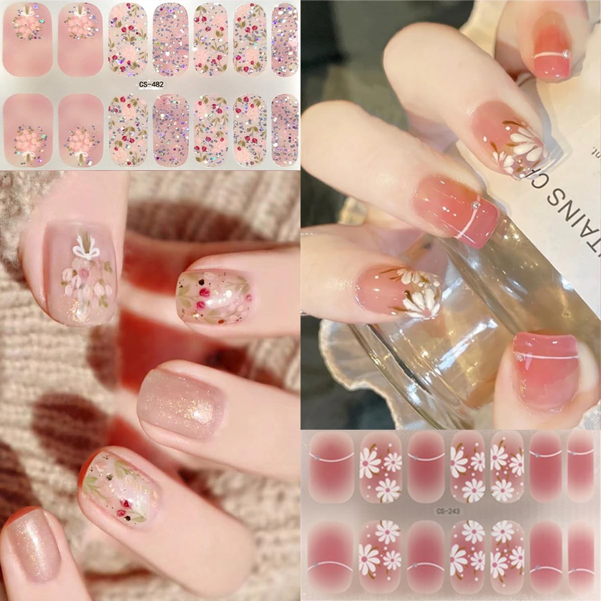 Flower Semi Cured Gel Nail Strips Gradient Gel Nail Sticker Self-Adhesive Ful…