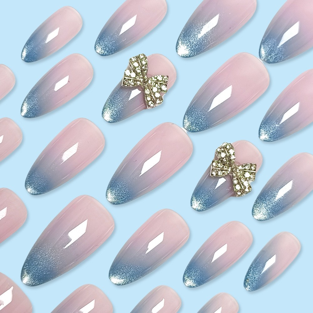 48P Long Almond Press on Nails, Silver Blue Ombre Rhinestone Bow Fake Nails