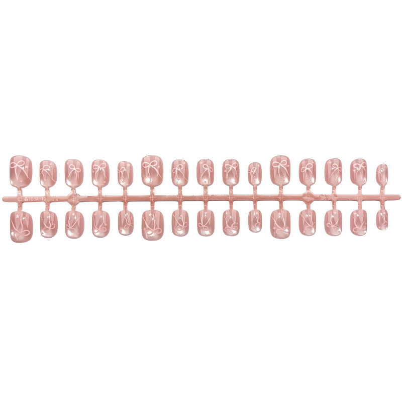 60pcs-Press on Nails Nude Short Round Bow Star Print Cat Eye Glossy Rhinestones