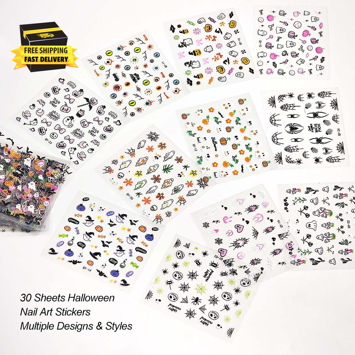 30 Sheets Halloween Nail Stickers for Women Girls & Kids,Cute Ghost Pumpkin Spid