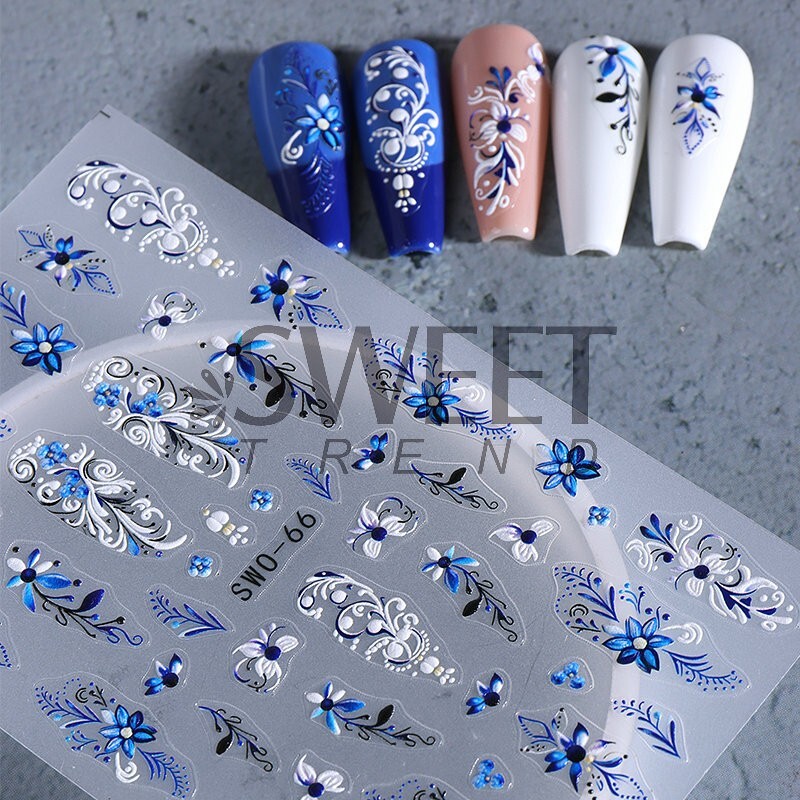 Blue Lace Floral Flowers Nail Art Stickers Embossed Decals DIY Nail Design NS52