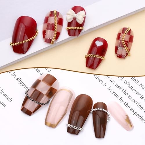 Hariendny 12 Strips Nail Chain Charms, Metal Nail Art Chains, 3D Gold Silver