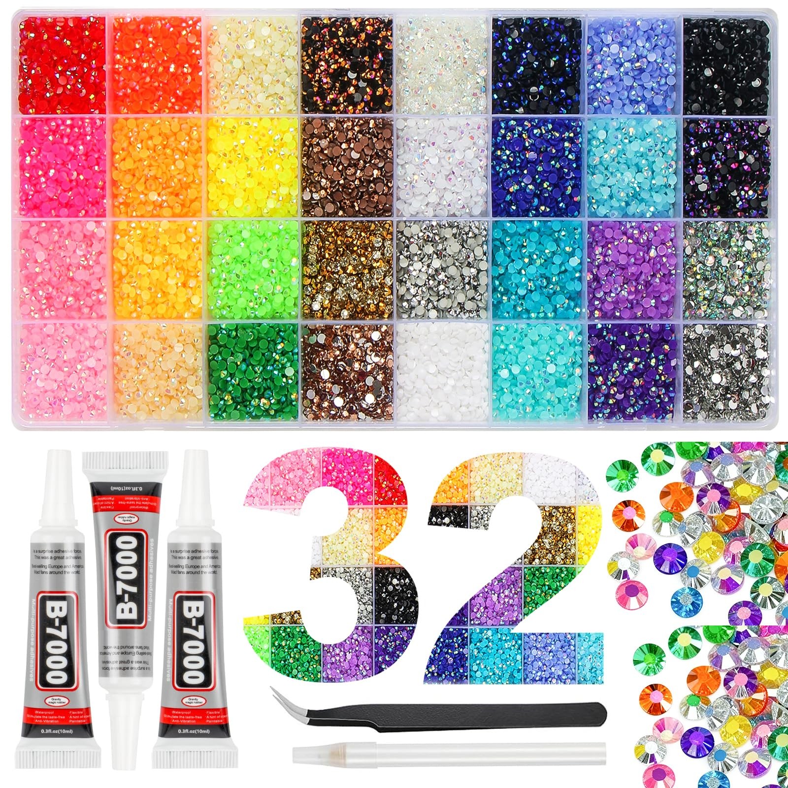 37000Pcs 32 Colors Resin Jelly Rhinestones for Bedazzling, 3mm Multicolor Fla…