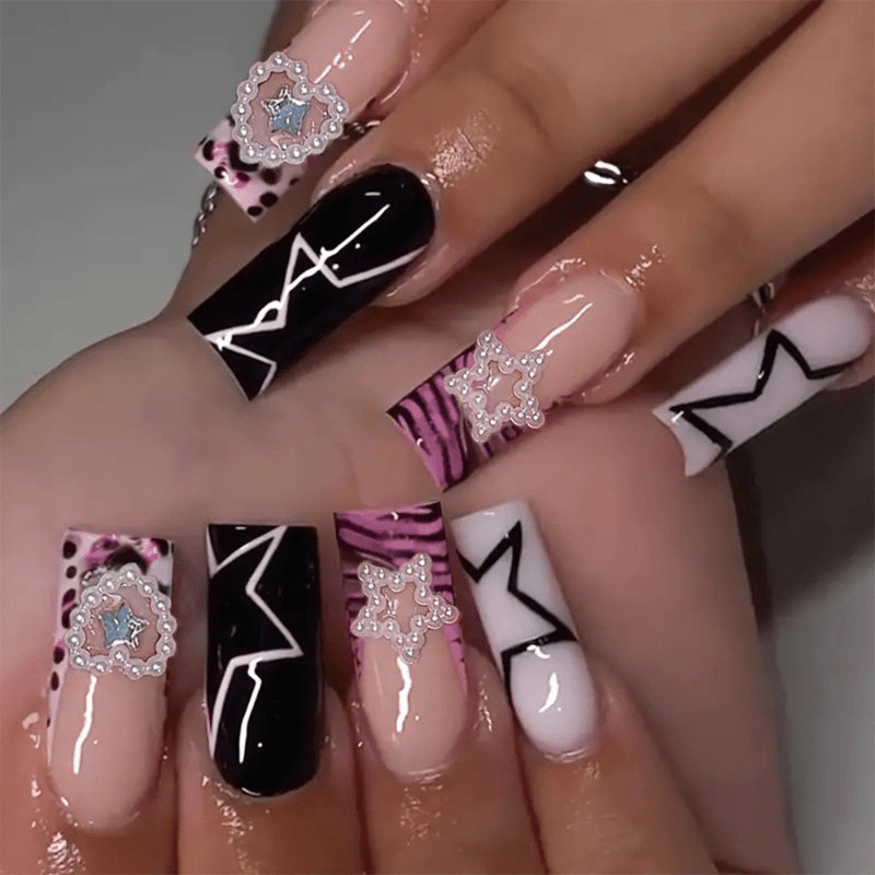 48Pcs Long Black Pink Leopard Star Press on Nails Casual Daily Trendy Nails