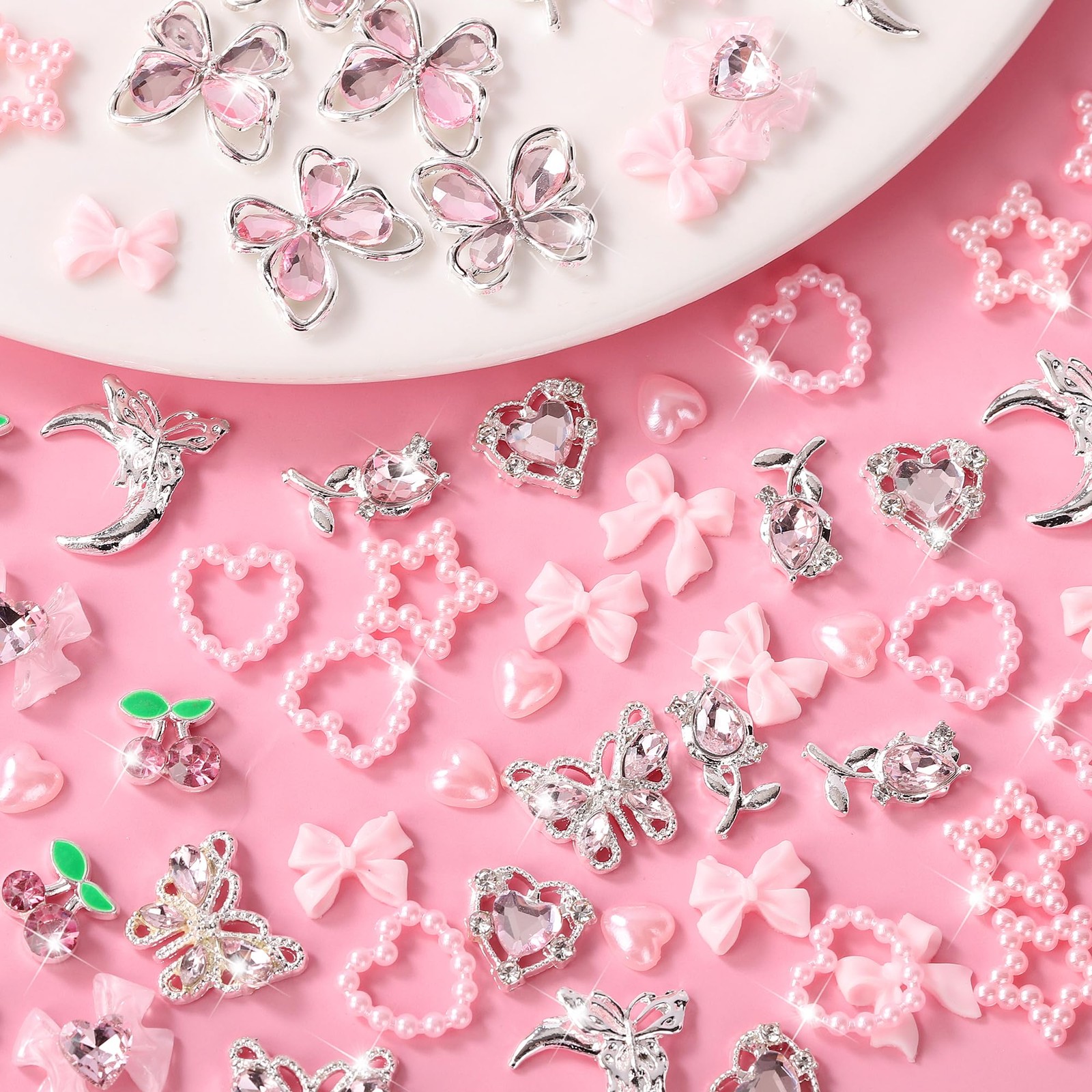 110PCS 3D Pink Cherry Heart Bow Nail Charms and Rhinestone, Junk Case Charms,…