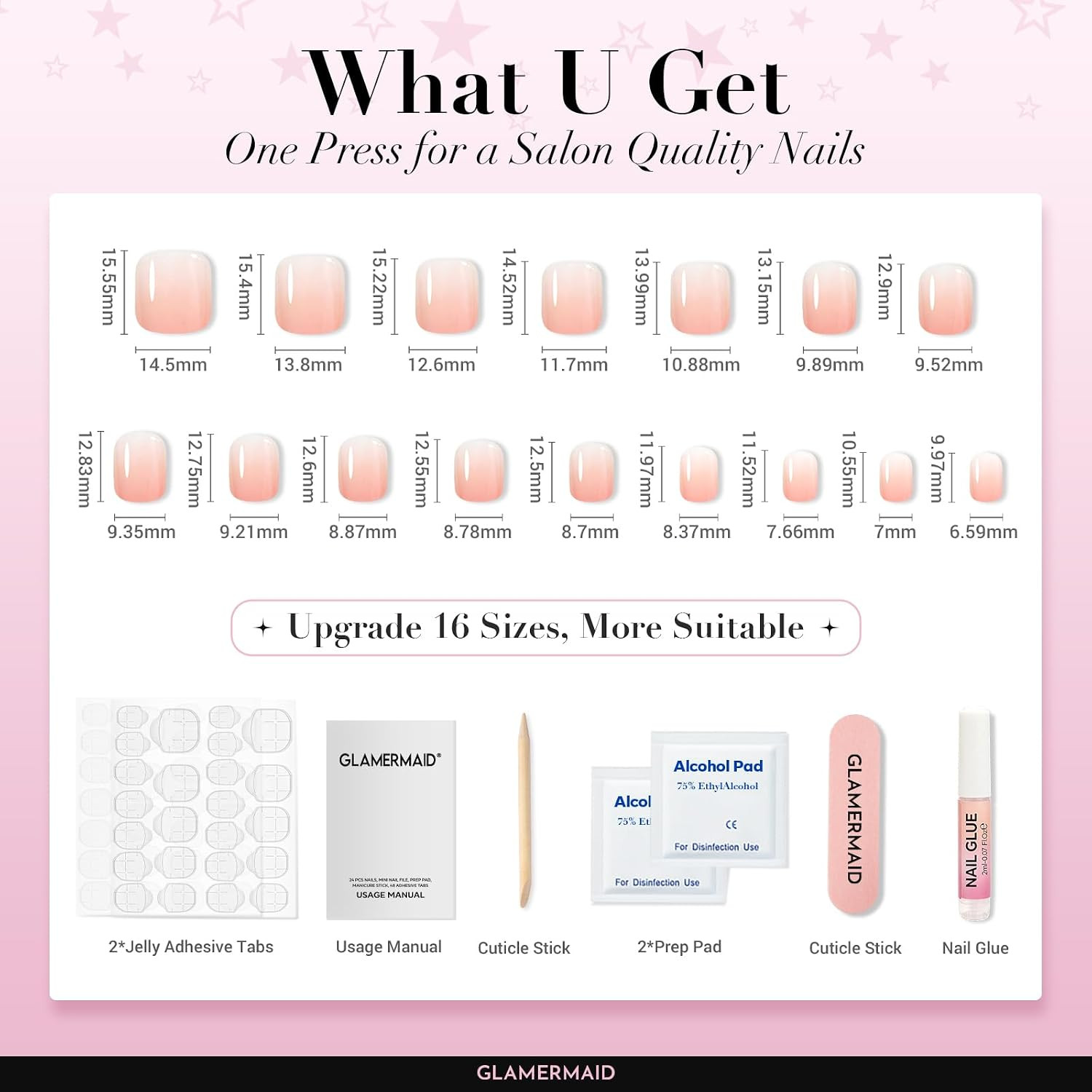 Pink Neutral Ombre Press on Nails Short, Crush Fake Nails Square | 32 Pcs Glossy