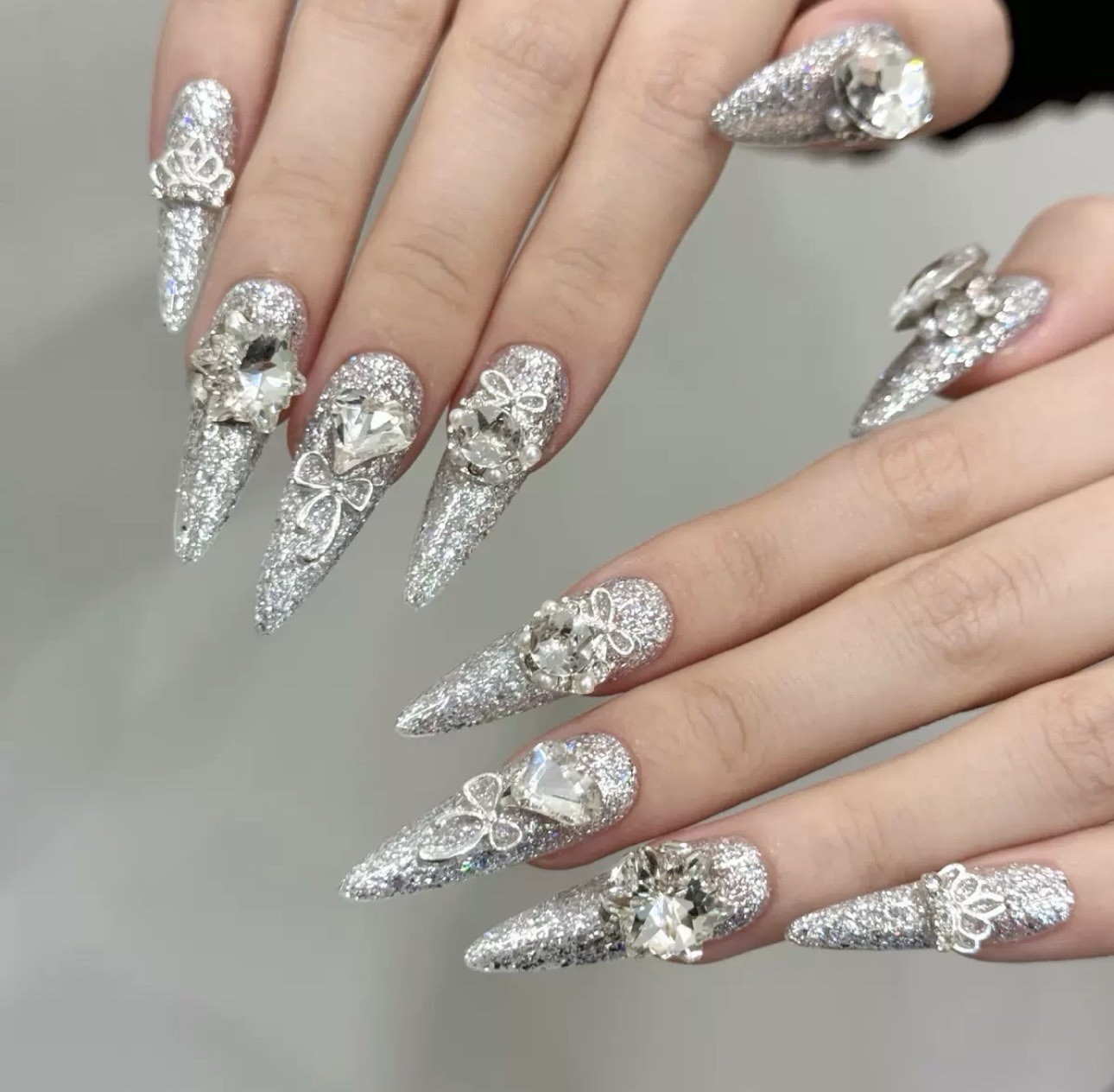 Luxury Silver Crystal Butterfly Press On Nails | Extra Long Stiletto Rhinestone