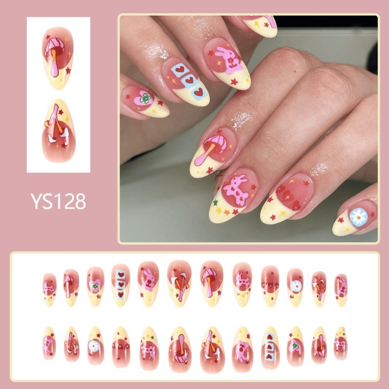 48 Cartoon Rabbits and Heart-shaped Medium Almond Length, Removable Fake Nail