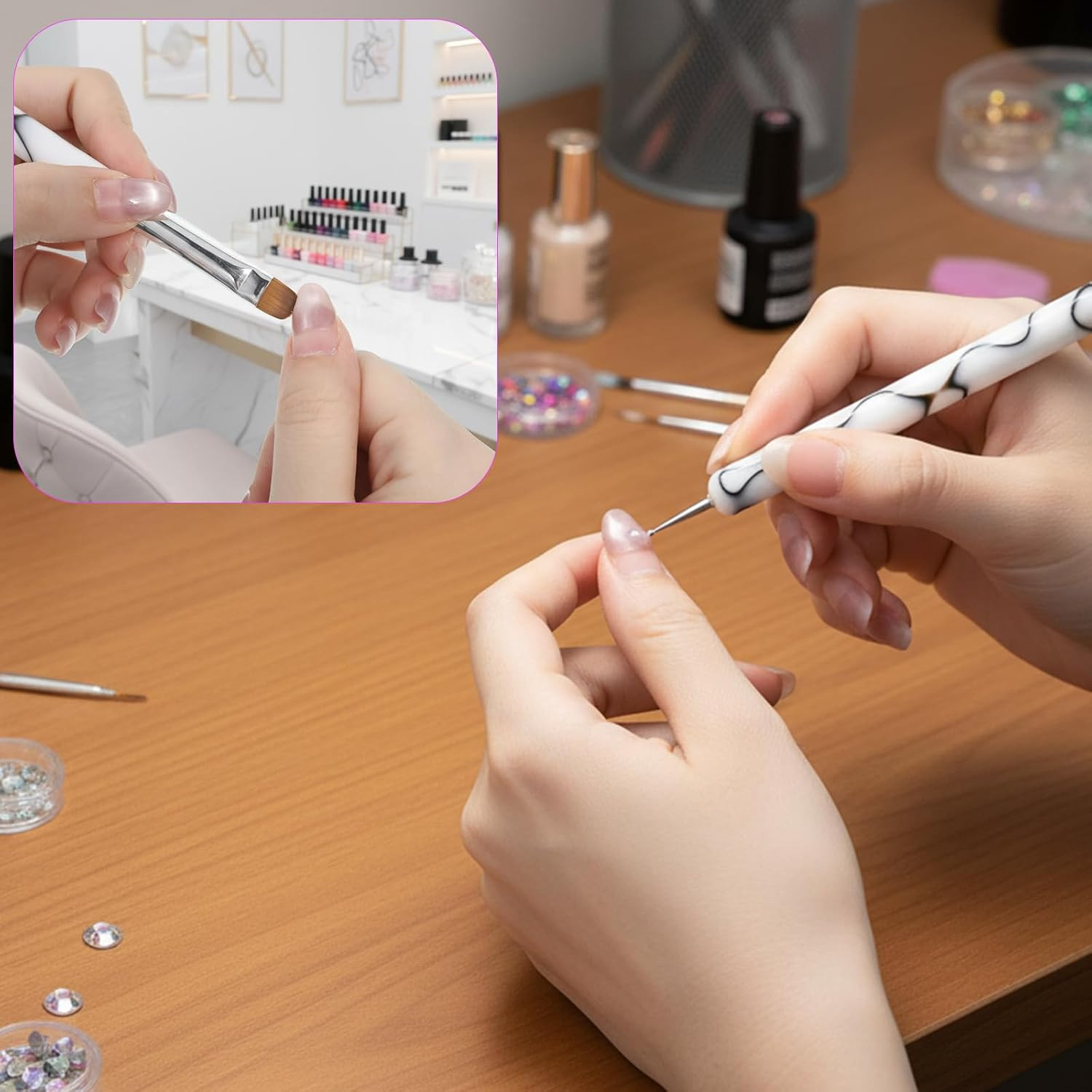 French Gel Nail Art Brush with Dotting Tools 4 Pcs Acrylic Two Way Nail Art