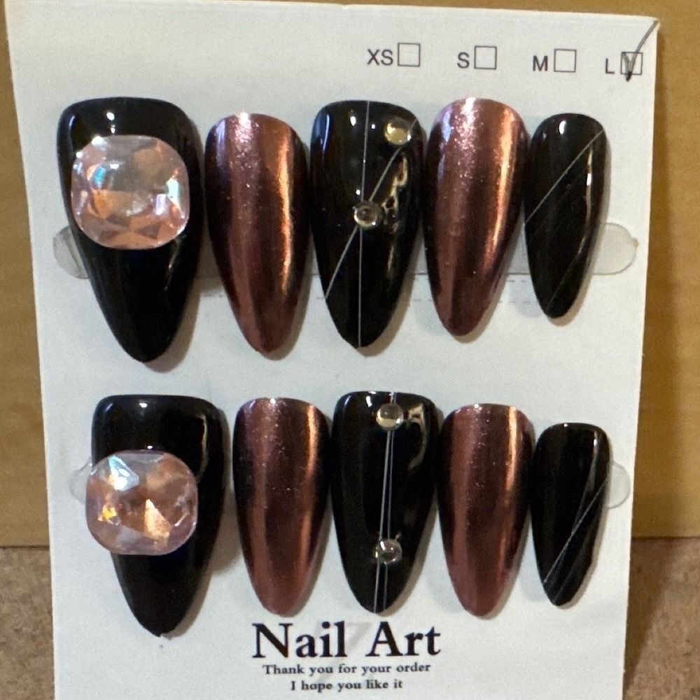 Press On Nails Almond Black Rose Gold Metallic Gemstone Rhinestone L