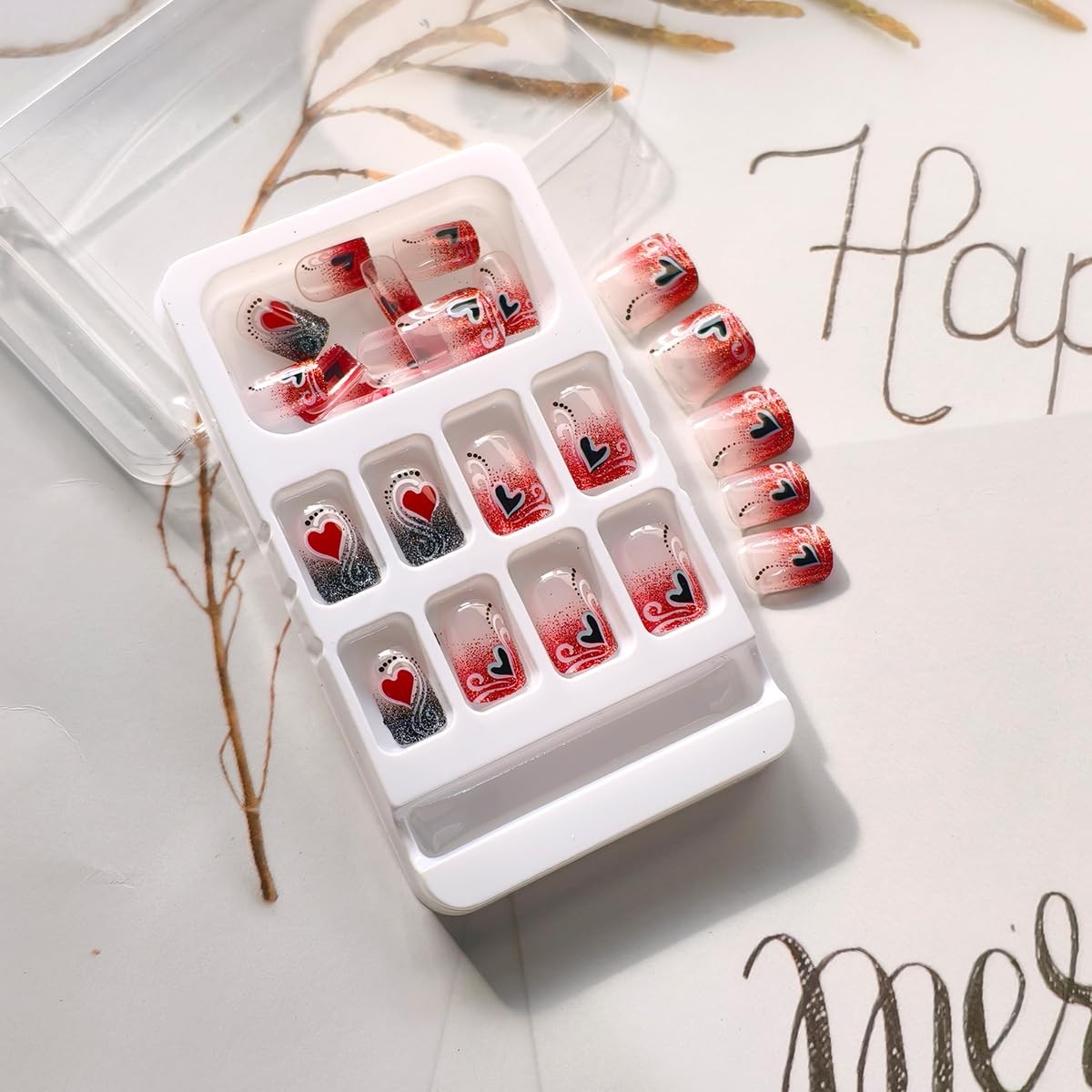 24Pcs Valentine’s Day Press on Nails Short Square French Tip Fake Nails Heart…