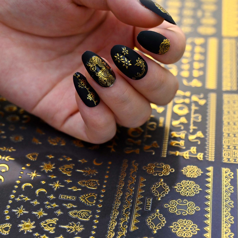 10 Sheets Nail Art Stickers Gold Lace Moon Star French Line Geometric Slider C94