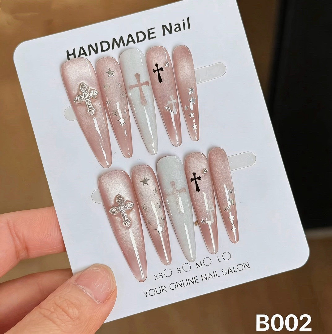 Silver Cross Glam Long Stiletto Press On Nails, Cross Rhinestone Nude, Handmade