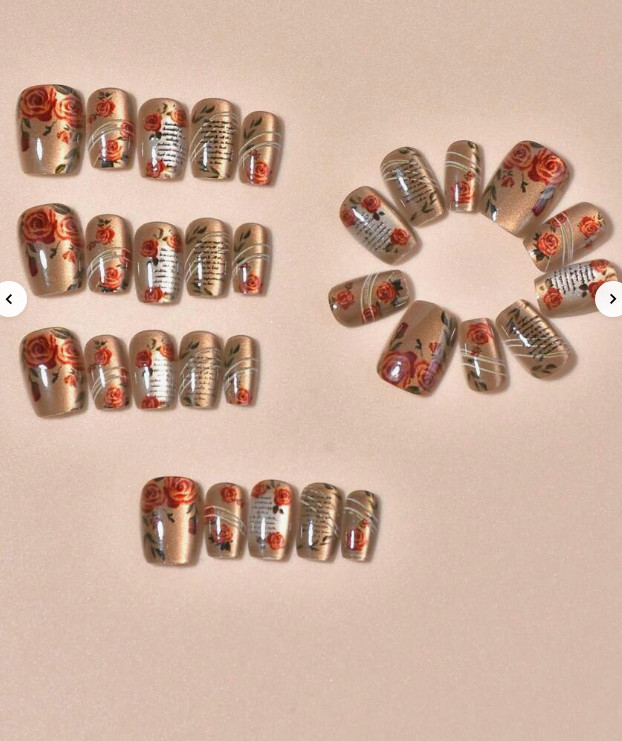 Beautiful Gel Shine, Iridescent Golden Brown Nails with Red Roses Short