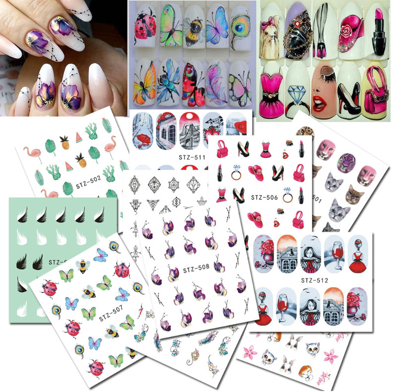 13Pcs Nail Art Water Transfer Lip Cat Butterfly Flora Sticker Tattoo Decals NS48