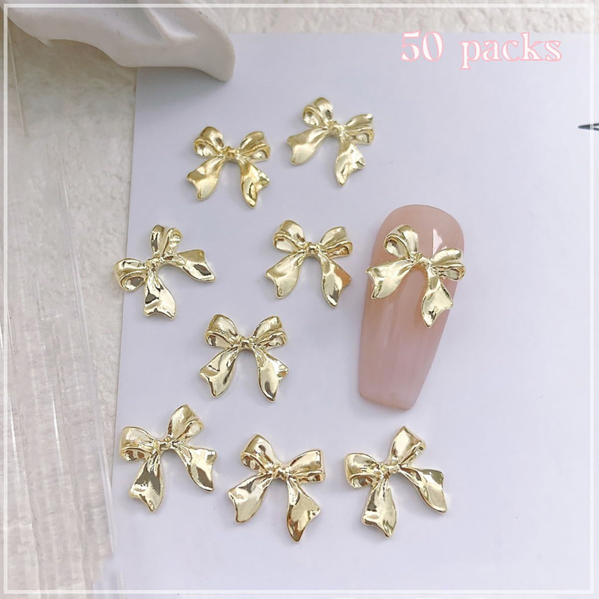 50Pcs Gold Metal 3D Bow Nail Charms for Women & Girls, Nail Art Rhinestones Deco