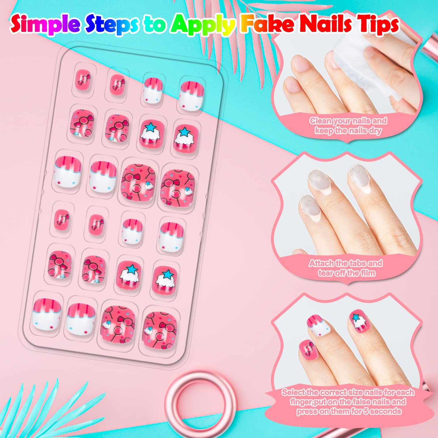 144 Pieces Press On Nails for Kids Children Fake Girls Multicolour