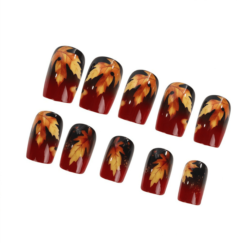 48 Pcs Maple Leaf Short Square Press on Nails, Vintage Autumn Daily Fake Nails