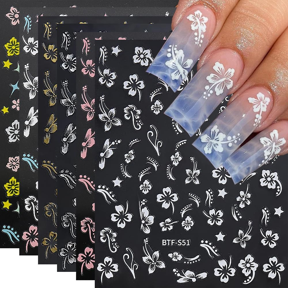 Flower Nail Stickers, Hibiscus Nail Decals 3D Self-Adhesive White Pink Gold Flow