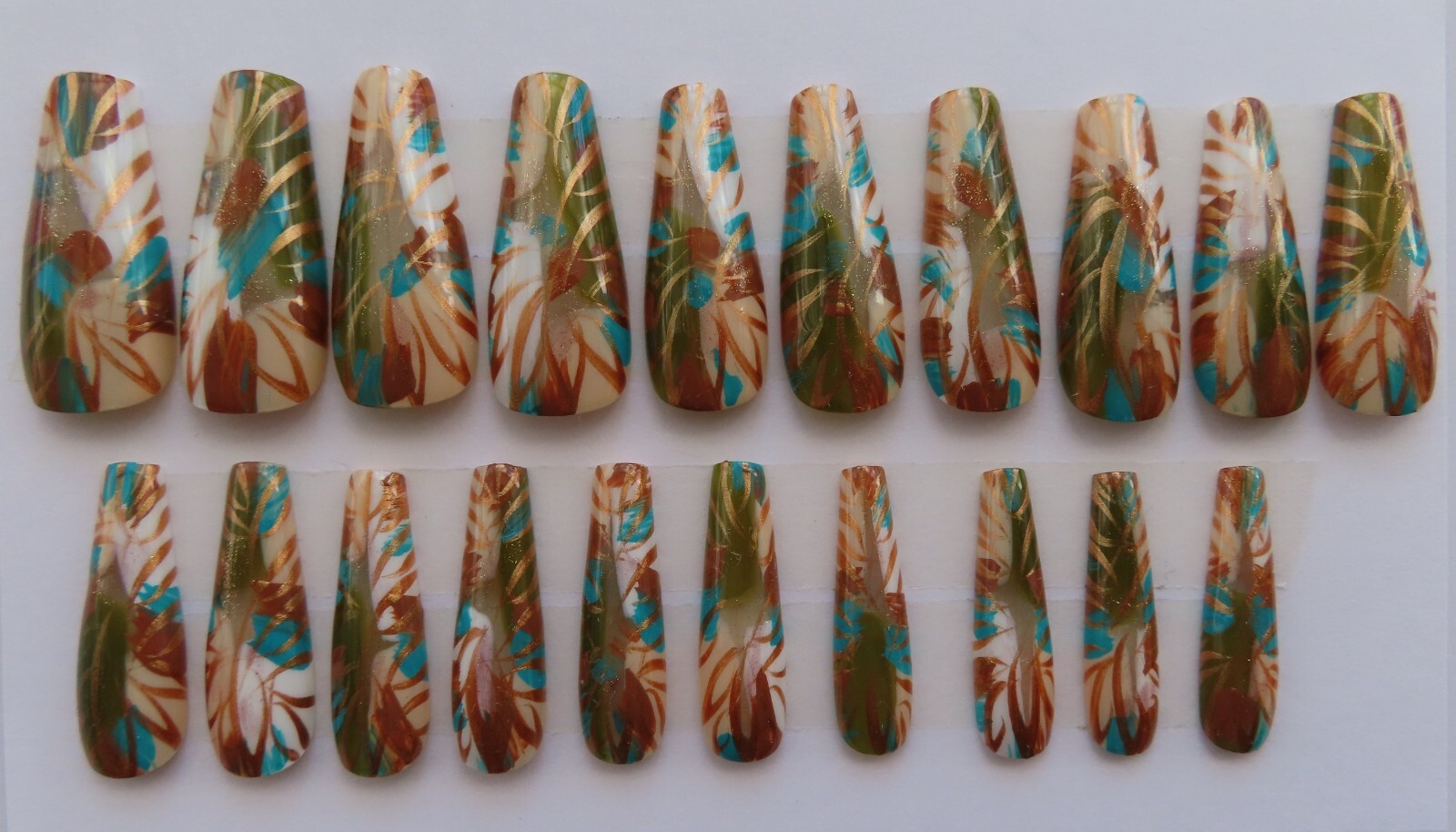(2) Set Cream Black Polka Dot | White Green Bronze Abstract Coffin Press-On Nail