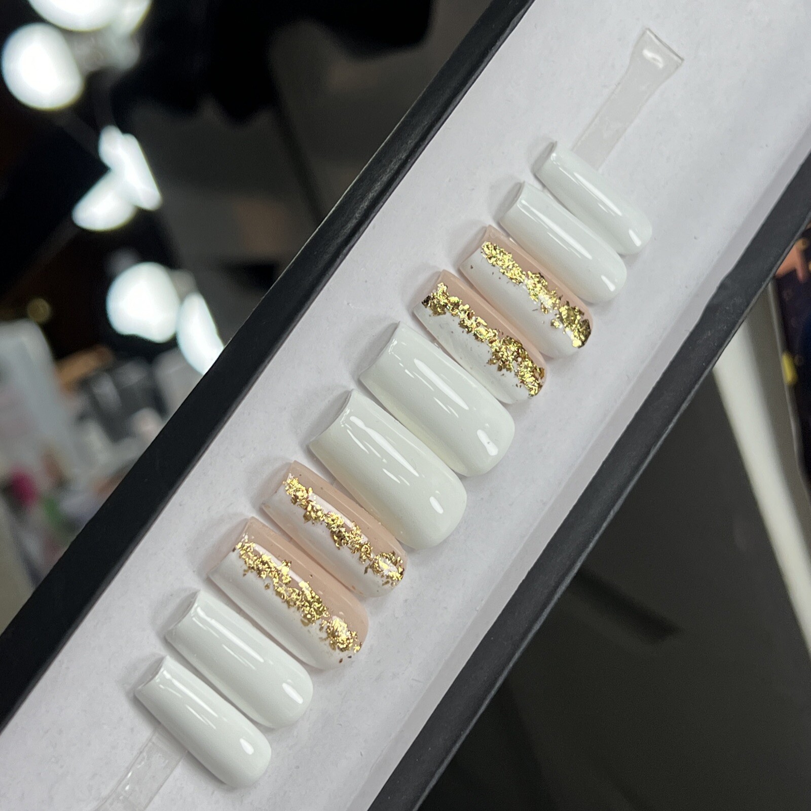 🤍 CUSTOM Gel Press On Nails, White Gold Flakes 10p FULL SET W Kit Square M