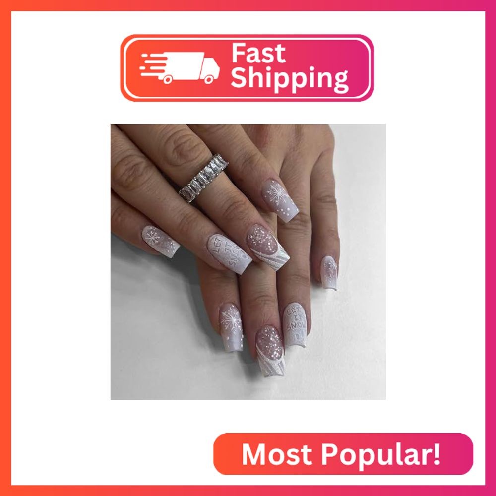 Snowflake Press on Nails Medium Fake Nails, LPOODDNU Christmas Press on Nails Sq