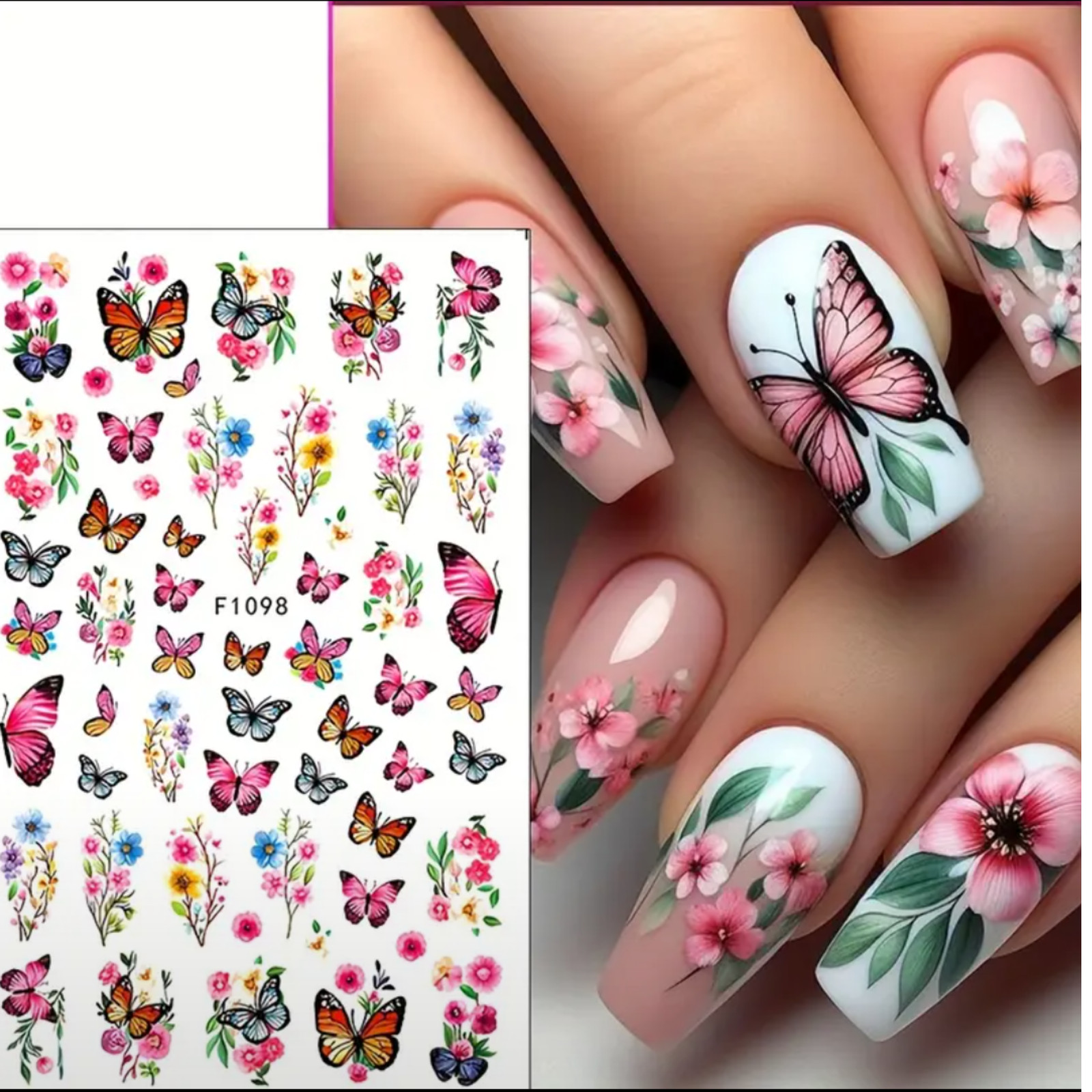 3D Spring & Summer Fresh Colorful Floral Butterfly Nail Art Stickers, Glossy Fin