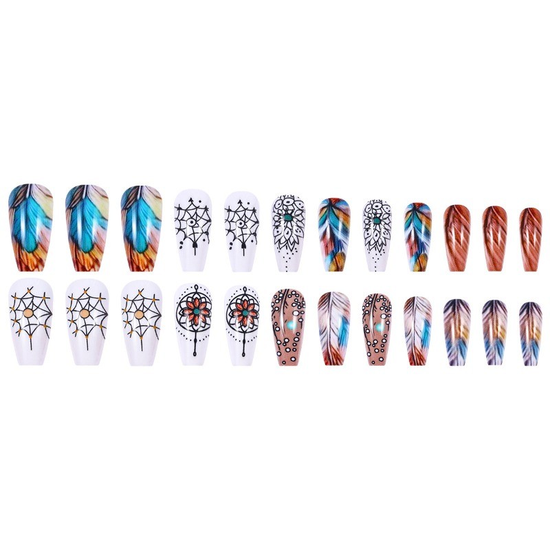 48PCS Bohemian Dream Catcher Feather Pressing Nail, Removable and Reusable Nail