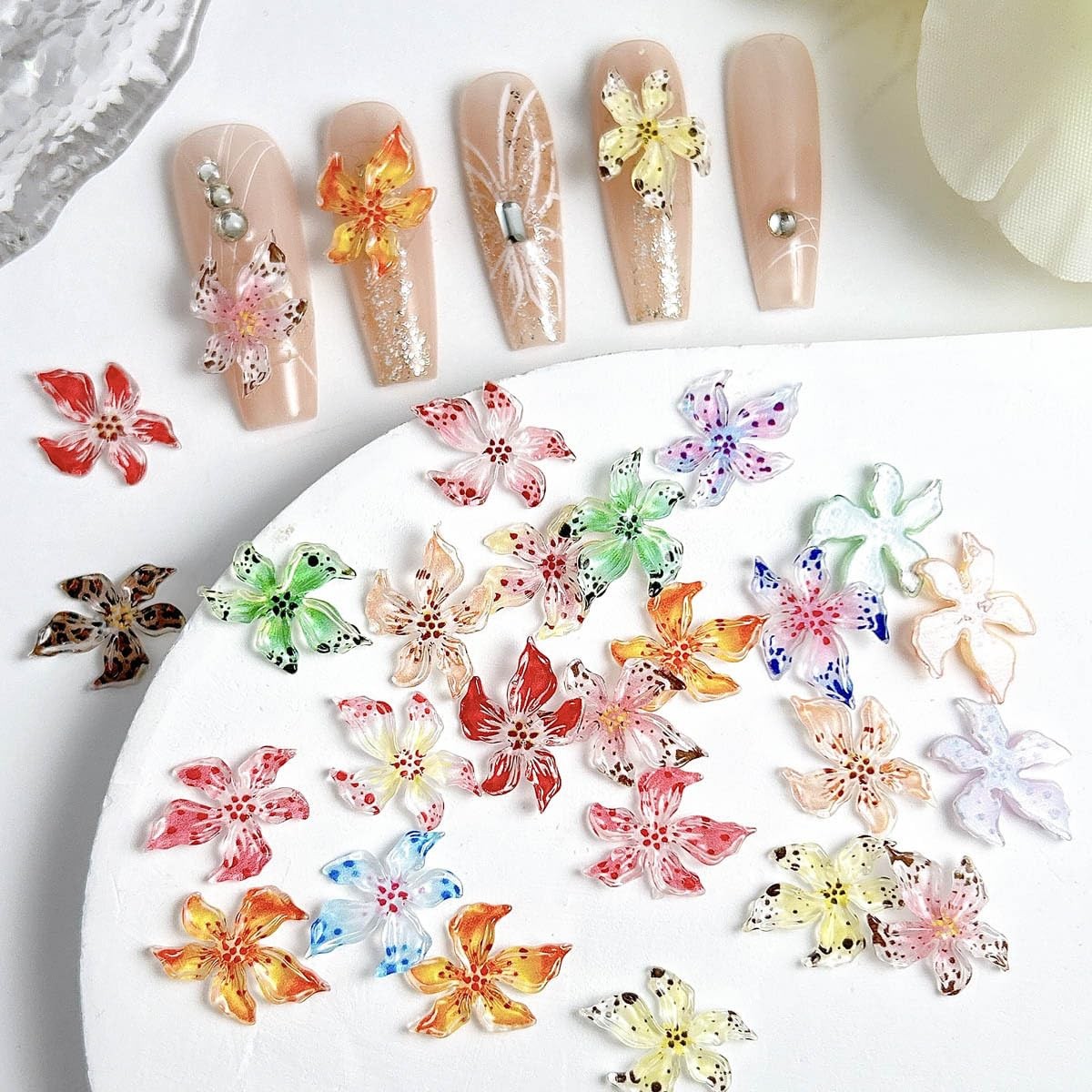 60PCS Flower Nail Art Charms 3D Hawaii Flowers Nail Rhinestones Colorful