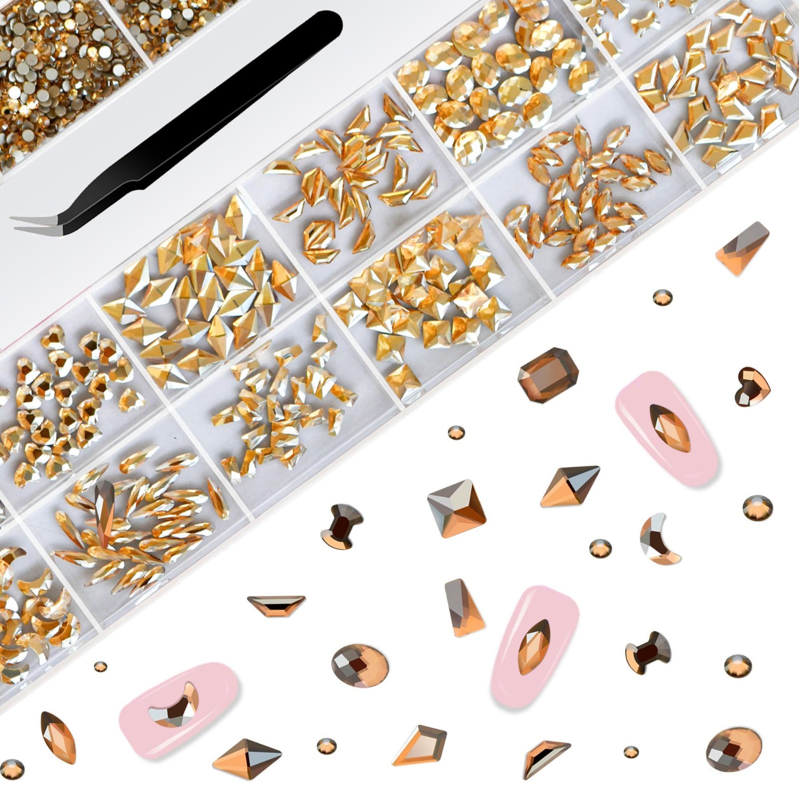 Champagne Gold Nail Rhinestones Set – Multi Shapes & Sizes, Flatback Charms, Twe
