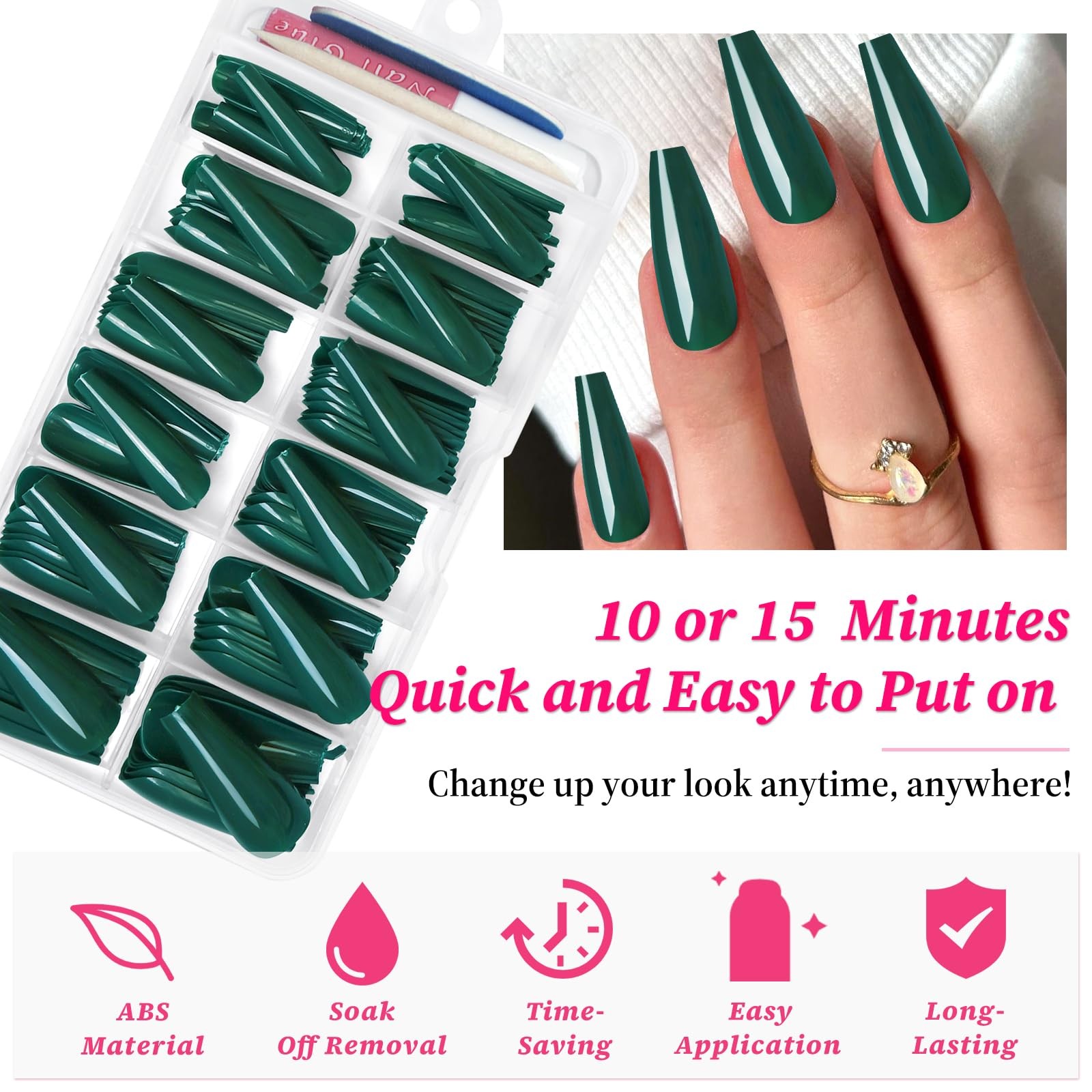 120PC Green Coffin Press on Nails Long Fake Nails Press ons with Glue Nail Ad…