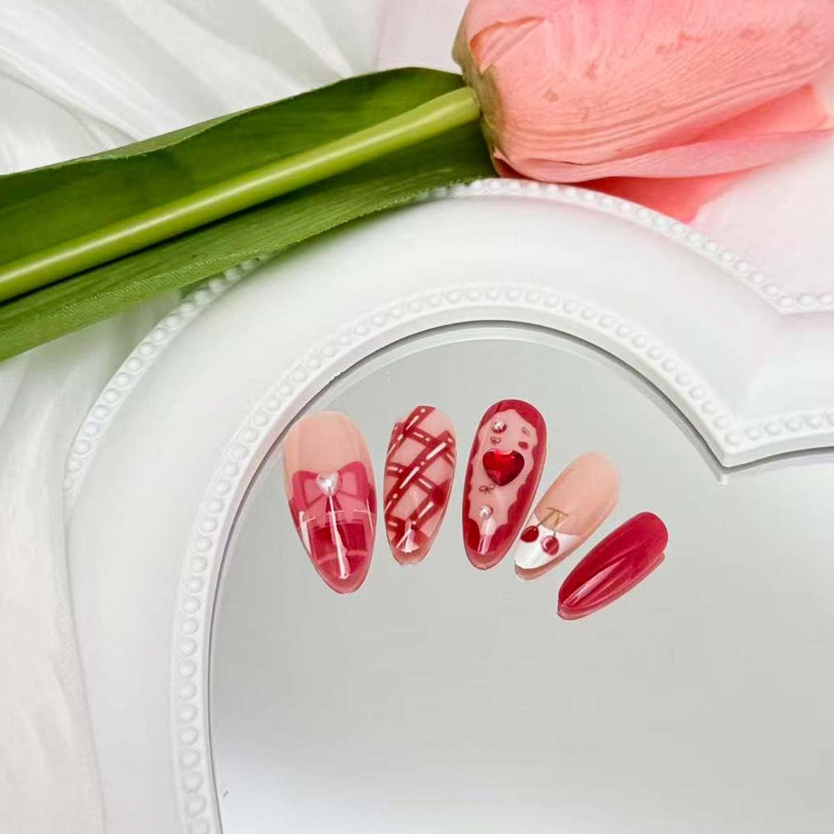 24Pcs Valentines French Tip Press on Nails Medium Almond Bow Cherry Heart Fak…