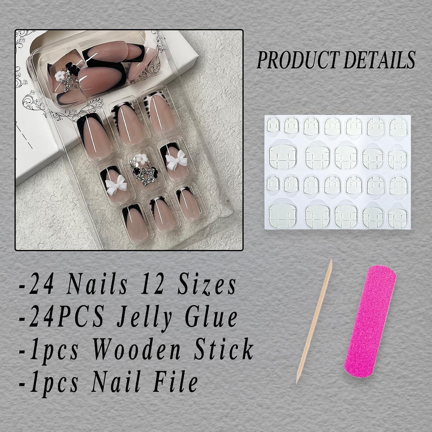 French Tip Press on Nails Short Square Fake Nails with Bow Charms Designs Bla…
