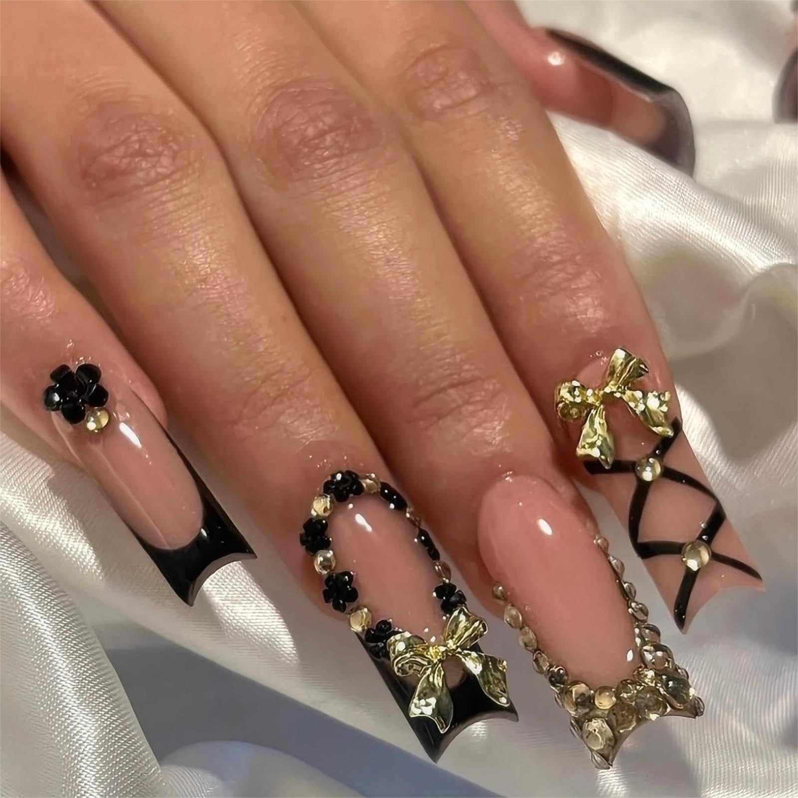 Luxury Black French Tip Gold Bow Rhinestone Press On Nails