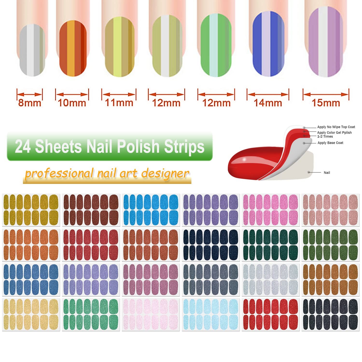 24 Sheets Glitter Nail Polish Stickers Full Nail Wraps for Women Self Adhesiv…