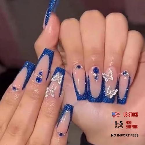 Long Press on Nails Square French Fake 24 Count (Pack of 1) Blue Butterfly