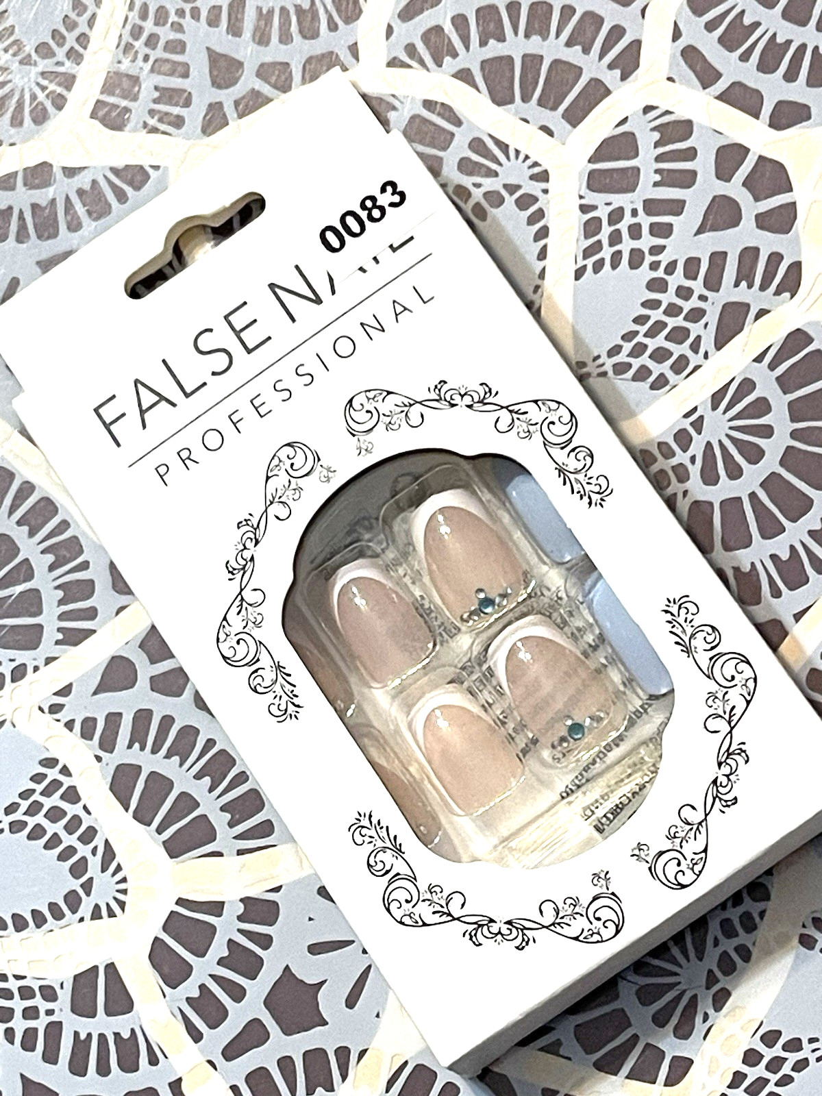 False Nail Professional NUDE SHEER WHITE FRENCH TIP with STONE DETAILS Press On