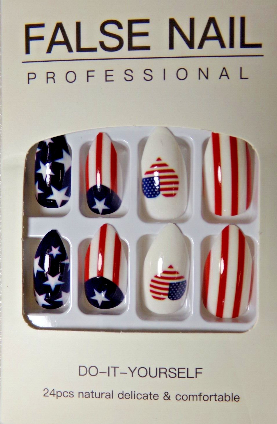 4th of July Nails Shiny American Flag Red White & Blue GLUE ON long