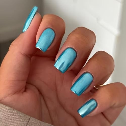Medium Square Metal Plating Teal Blue Chrome Nails – Mirror Metal Plating