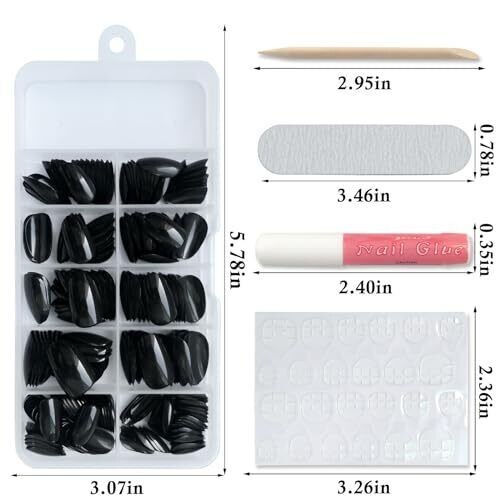 Short Press on Nails Almond Fake Nails Black 240 Round Almond Press on Nail S…