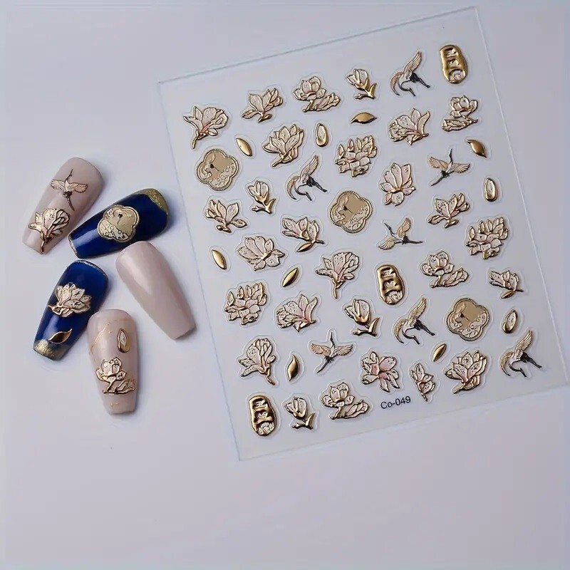 5D Embossed Rose Gold Flowers & Birds Assorted Designs Nail Art Vinly Decals
