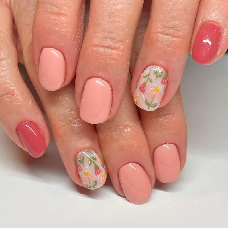 48pcs-Short Oval Press on Nails, Nude Pink with Hand-Painted Flower False Nails
