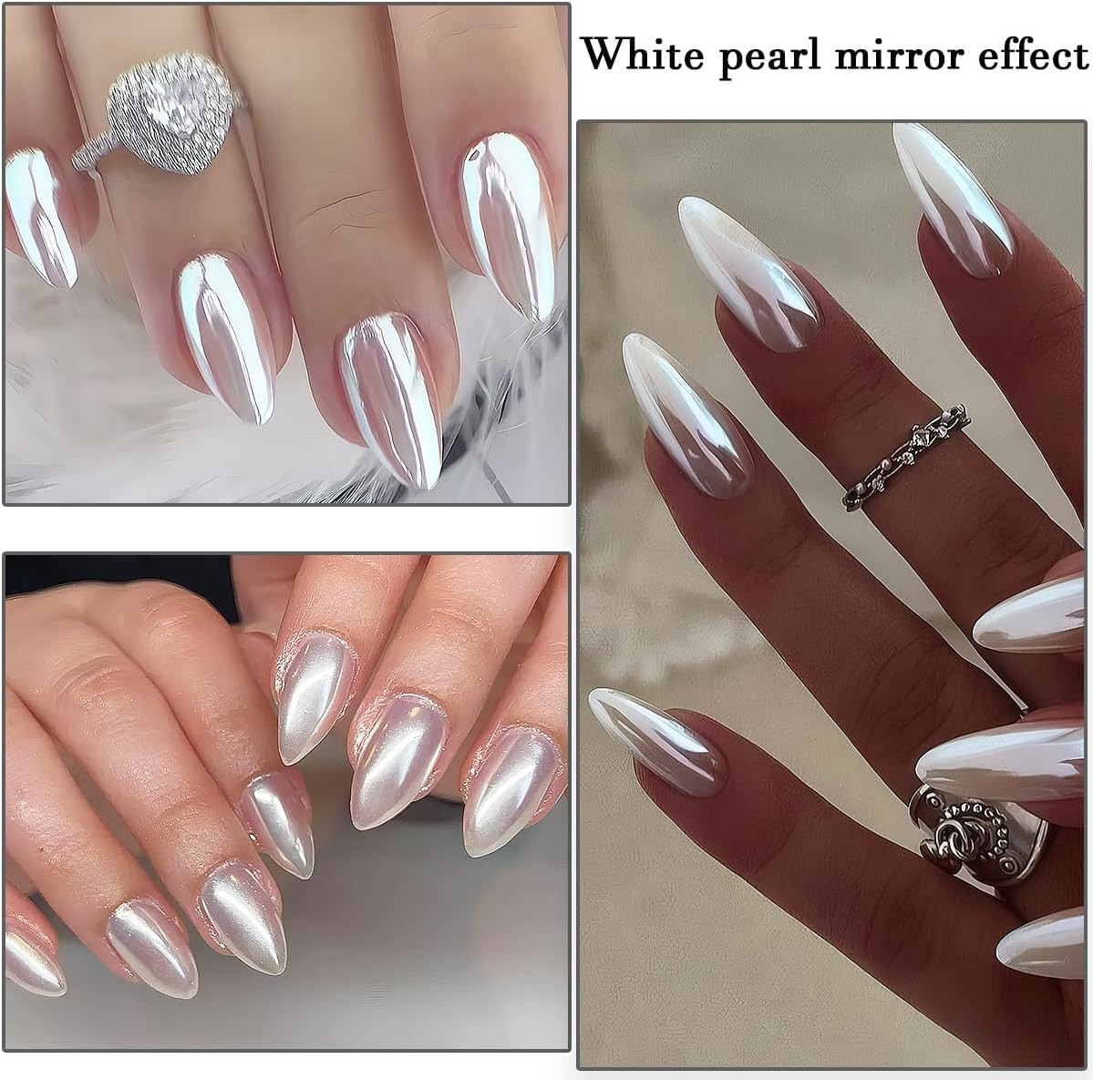 3Pcs Moonlight White Pearl Chrome Nail Powder, Super Glossy Clear Mirror Effect