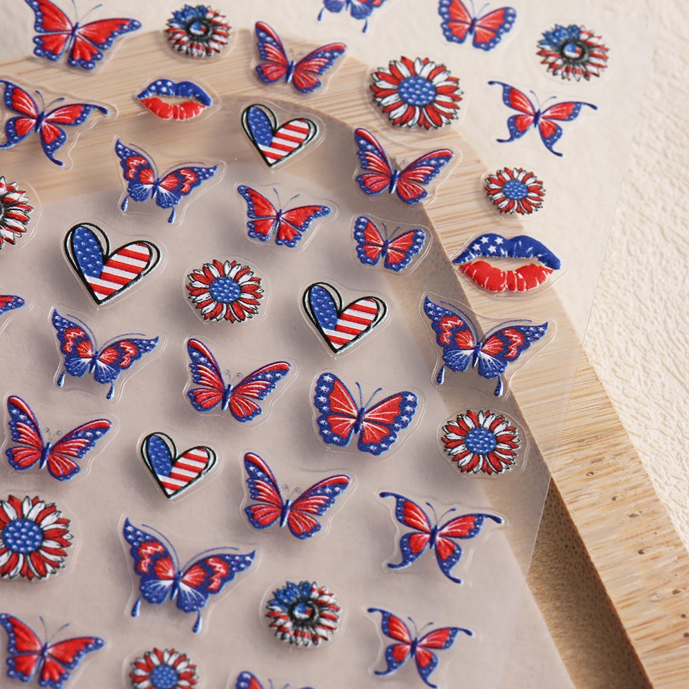 6 Sheets 4th of July Nail Art Stickers 3D Decals Red Blue White American Flags