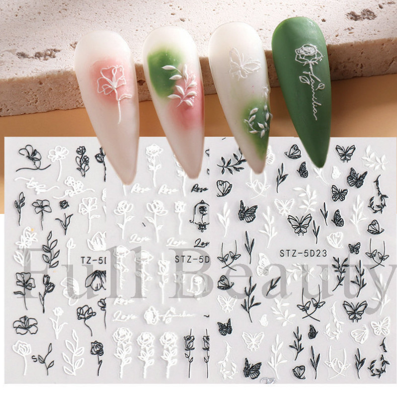 5D Embossed Snowflake Rose Flowers Butterfly Line Nail Stickers Slider DIY Party