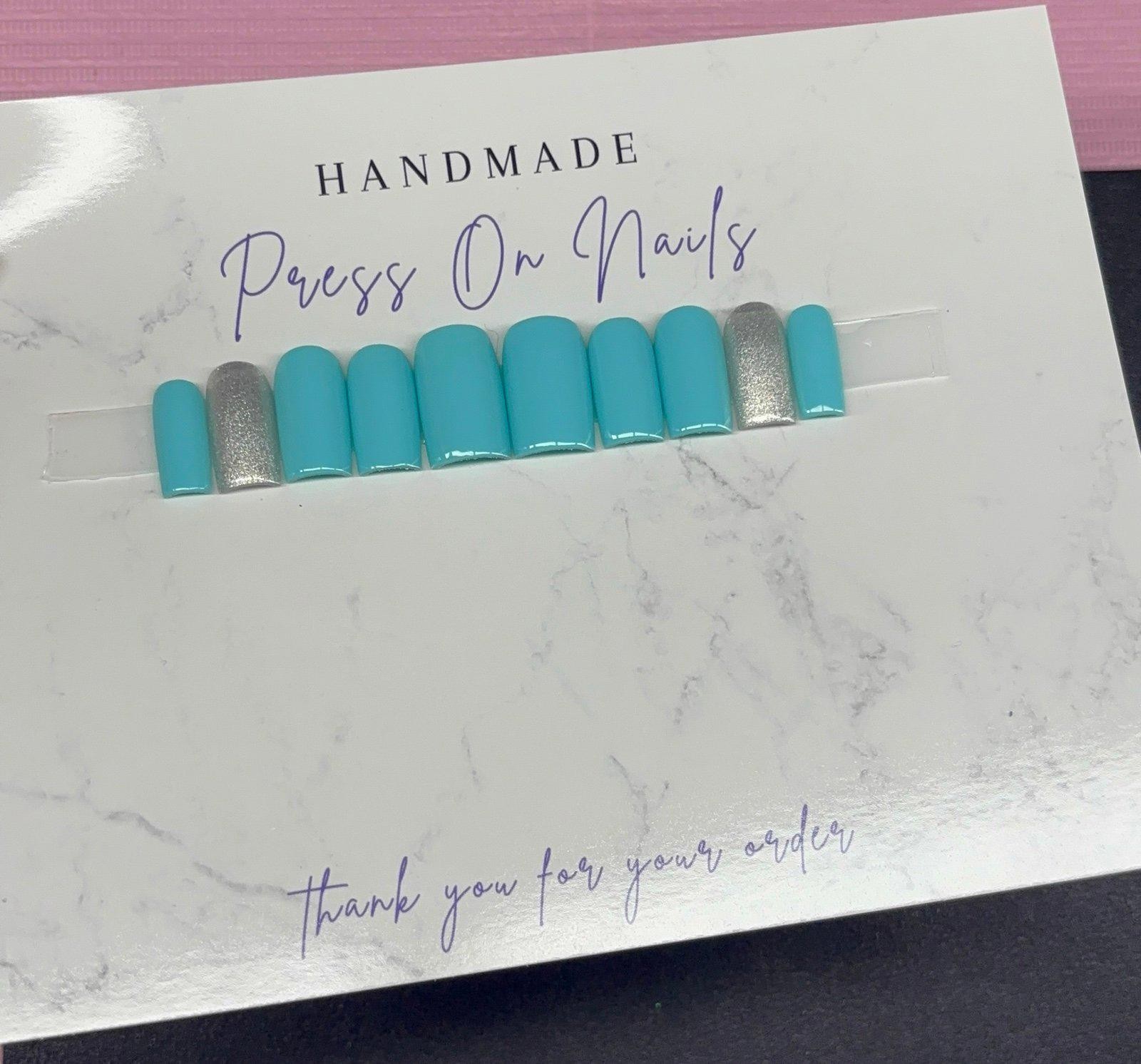 Short square Press on nails silver glitter teal light blue handmade custom gel