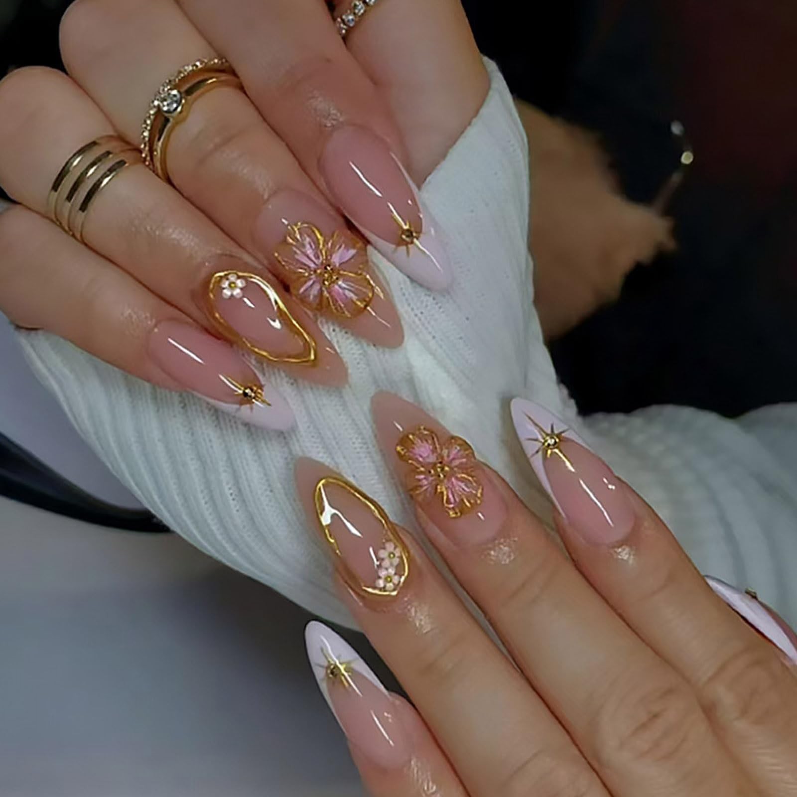 White French Tip Press on Nails Gold-Stamped Pink Flower Fake Nails Medium Al…
