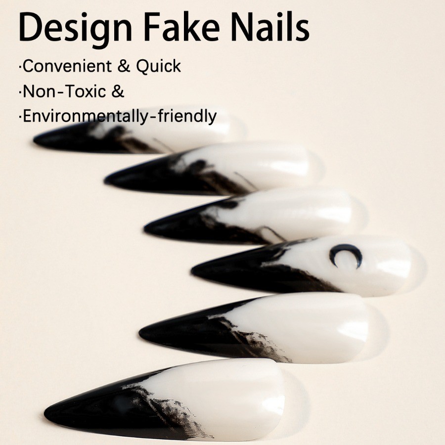 48pcs-Edgy Smoky Press on Nails, Long Stiletto with Nude Base and Black Moon