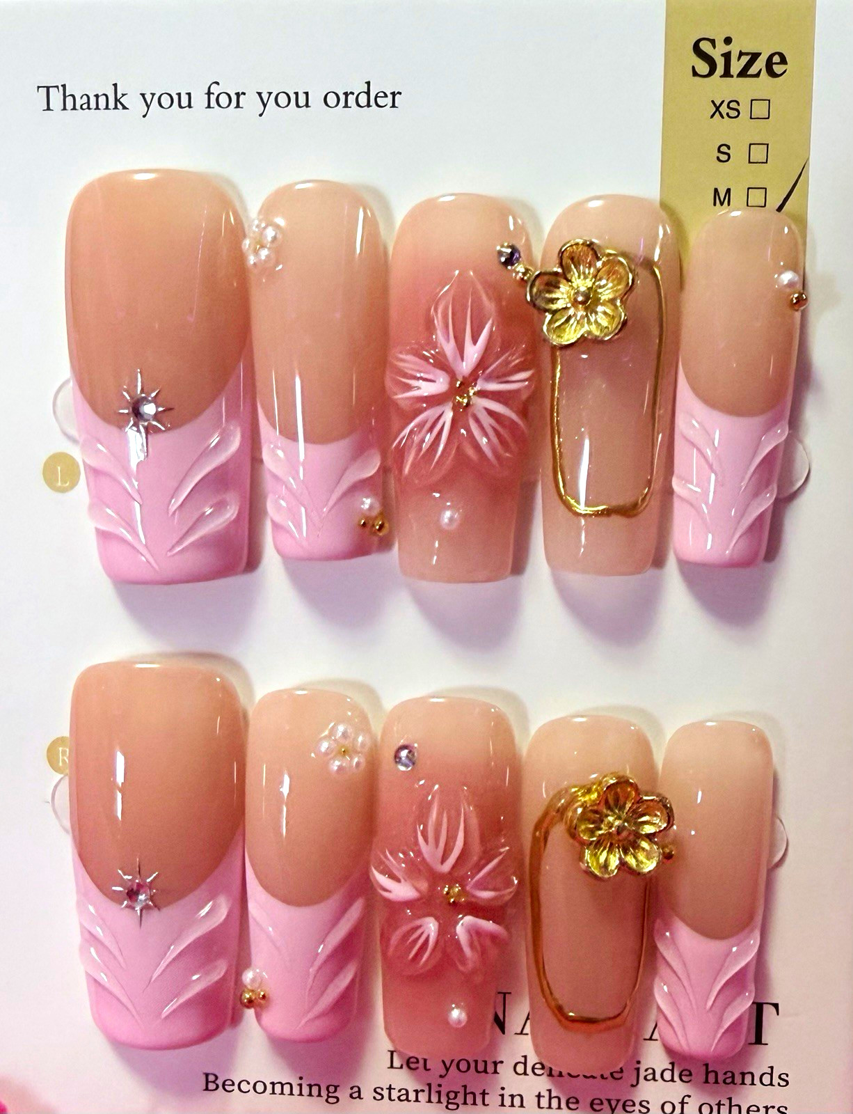 Pink/Nude 3D Floral Square Press-On Nails, size large